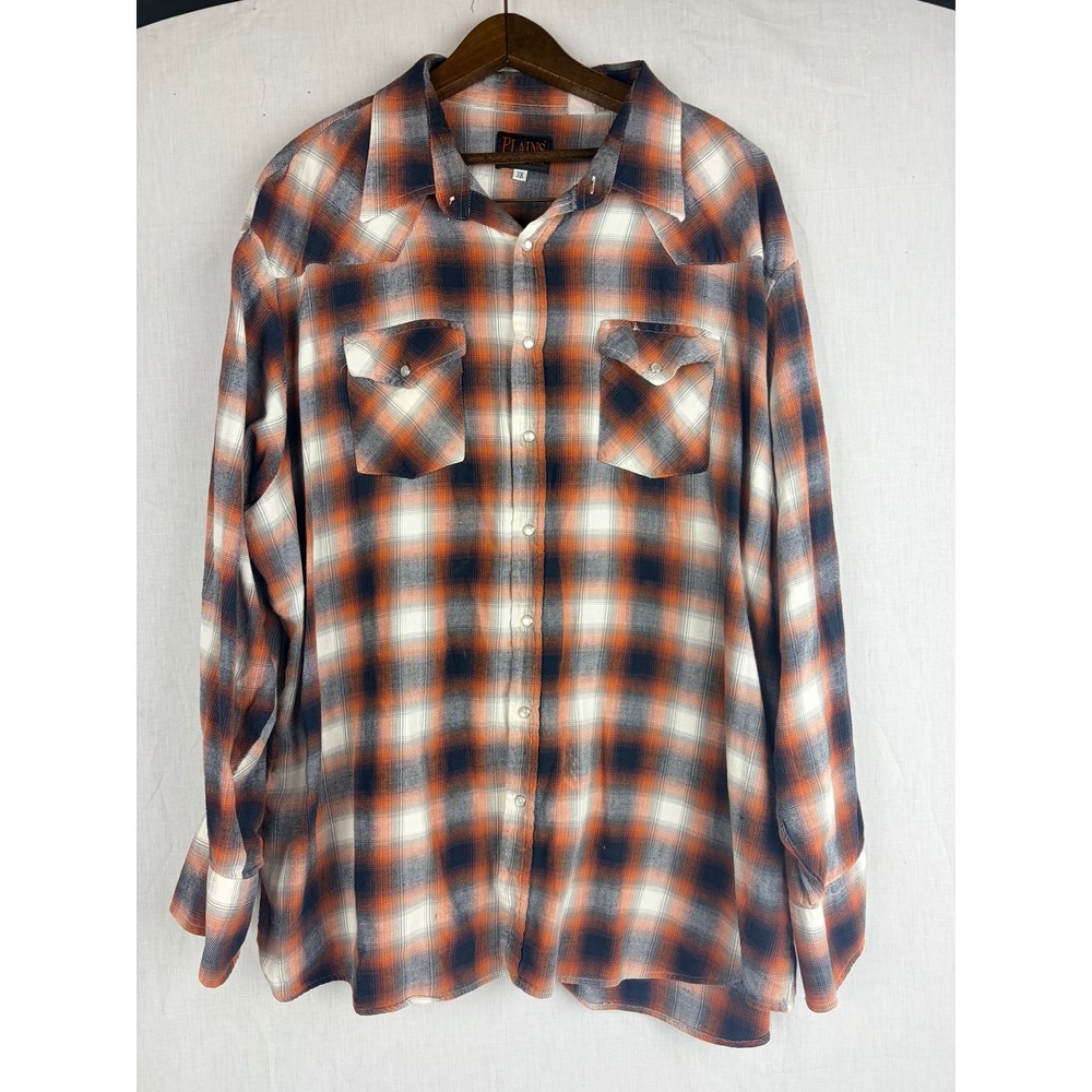 Plains Western Wear Mens 3X Pearl Snap Shirt Orange Navy Plaid Long Sleeve Yoke - Picture 2 of 13